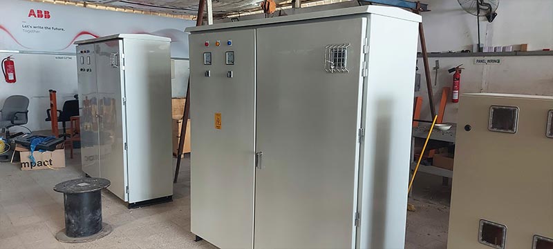 Completed low-voltage switchgear panels ready for delivery from Ocean Wind Switchgear, Muscat